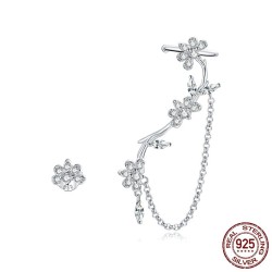 Floral stud earrings - asymmetric - with chain / crystals - 925 sterling silverEarrings
