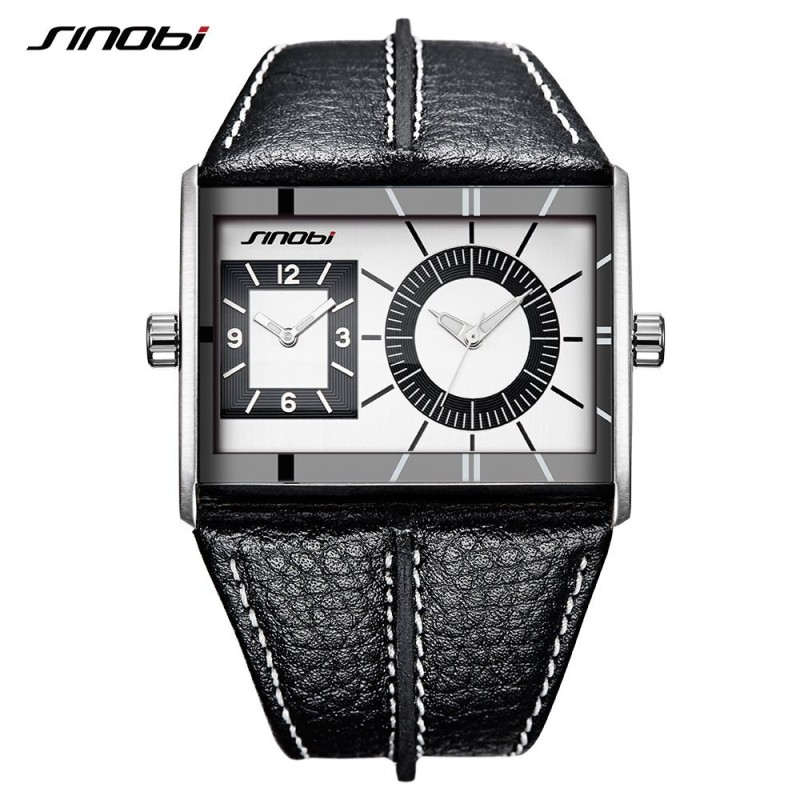 SINOBI - fashionable men's quartz watch - double multiple time zone - leather strapWatches