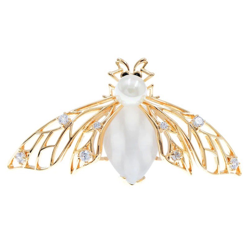 Fashionable gold brooch - with pearl bee & crystalsBrooches