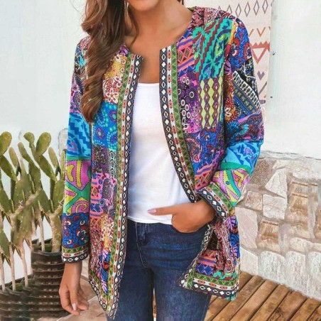 Fashionable loose cardigan - long sleeve summer coat - ethnic floral printJackets