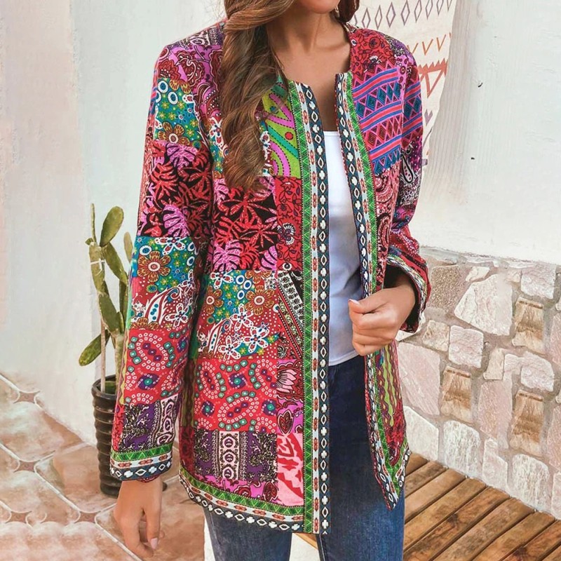 Fashionable loose cardigan - long sleeve summer coat - ethnic floral printJackets