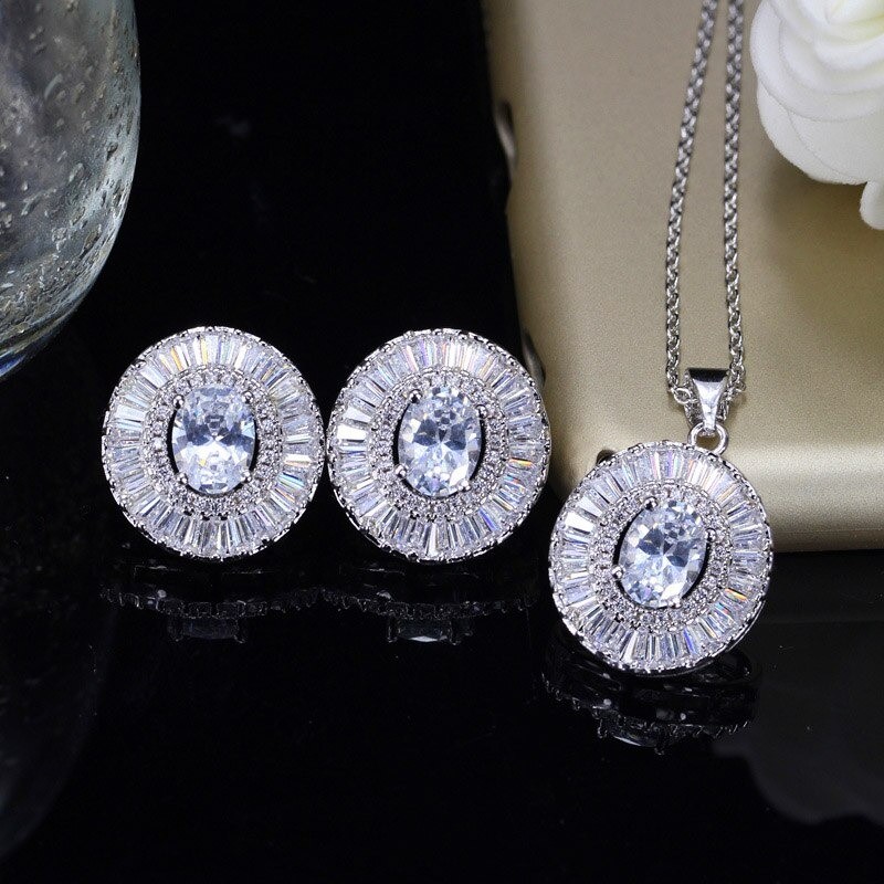 Fashionable jewellery set - earrings - necklace - with round cubic zirconiaJewellery Sets