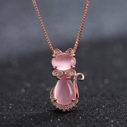 Stylish rose gold necklace - cat shaped pendant - crystals - pink opalNecklaces