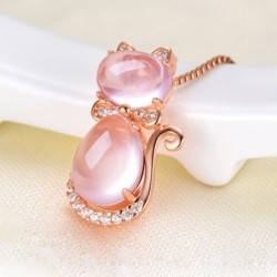 Stylish rose gold necklace - cat shaped pendant - crystals - pink opalNecklaces