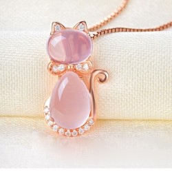 Stylish rose gold necklace - cat shaped pendant - crystals - pink opalNecklaces