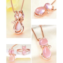 Stylish rose gold necklace - cat shaped pendant - crystals - pink opalNecklaces