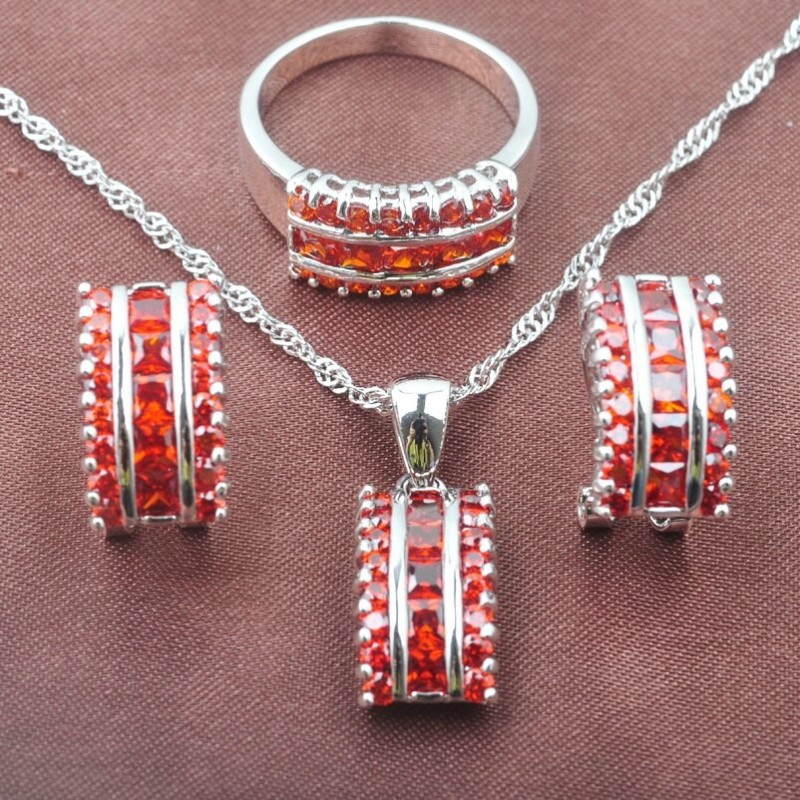 Elegant jewellery set - with red zirconia - necklace - earrings - ringJewellery Sets