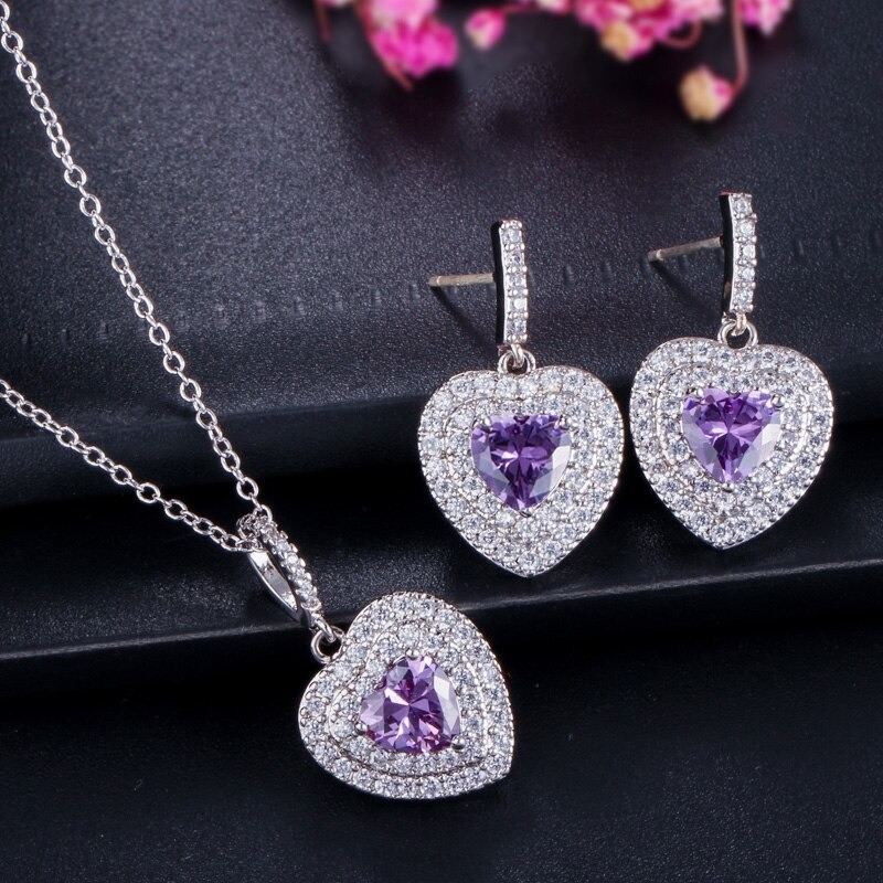 Luxurious silver jewellery set - heart shaped pendants - crystal - cubic zirconia - necklace - earringsJewellery Sets