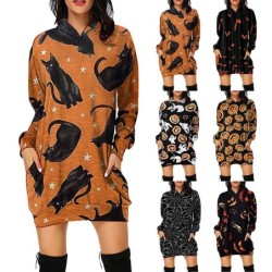 Mini hooded dress - loose pullover - with pockets - Halloween print - pumpkin - cats - spiderwebDresses