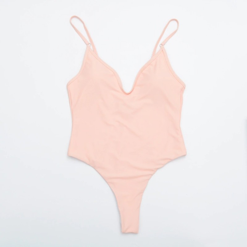 Sexy one-piece swimsuit - ribbed - deep neckline - with push upBeachwear