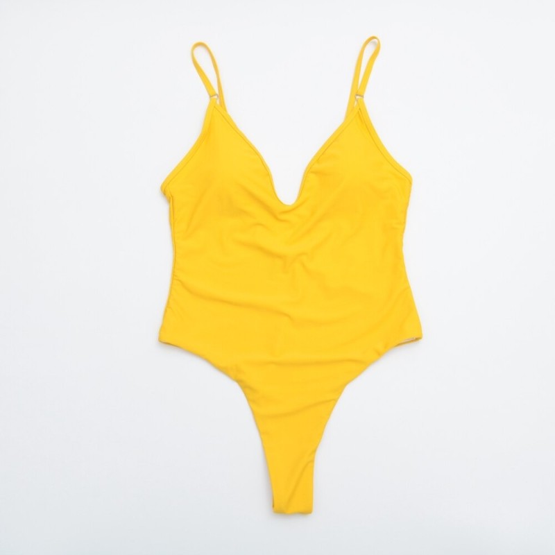 Sexy one-piece swimsuit - ribbed - deep neckline - with push upBeachwear