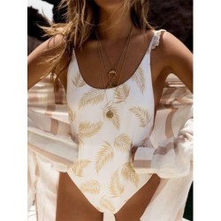 Sexy white one piece swimsuit - leaves printed - push upBeachwear