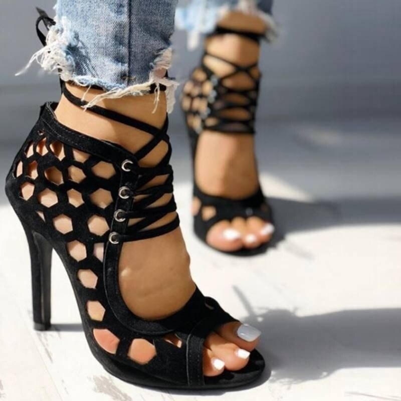 Sexy high heel sandals - lace-up - ankle length - cut-out holesHigh heels