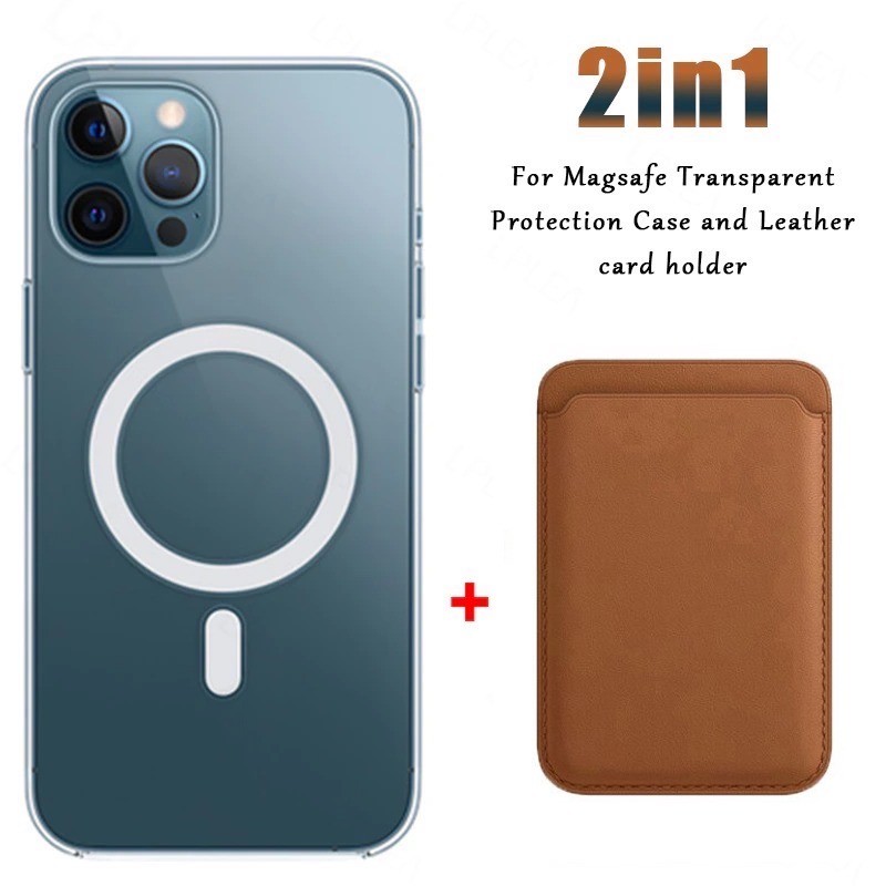 Magsafe wireless charging - transparent magnetic case - magnetic leather card holder - for iPhone - brownProtection Magsafe wireless charging - transparent magnetic case - magnetic leather card holder - for iPhone - brownProtection