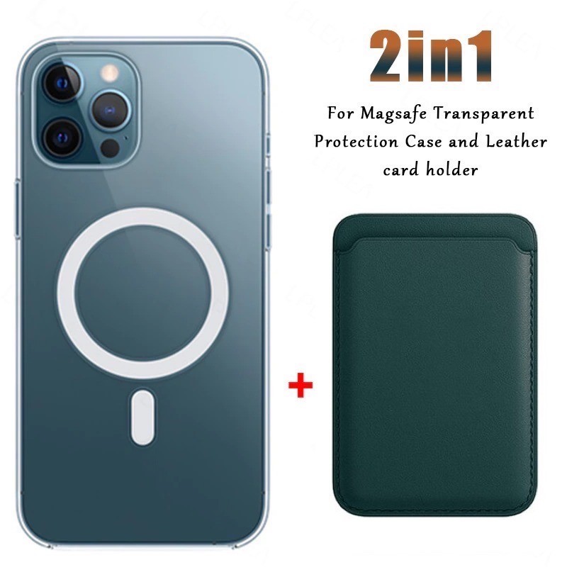 Magsafe wireless charging - transparent magnetic case - magnetic leather card holder - for iPhone - dark greenProtection Magsafe wireless charging - transparent magnetic case - magnetic leather card holder - for iPhone - dark greenProtection