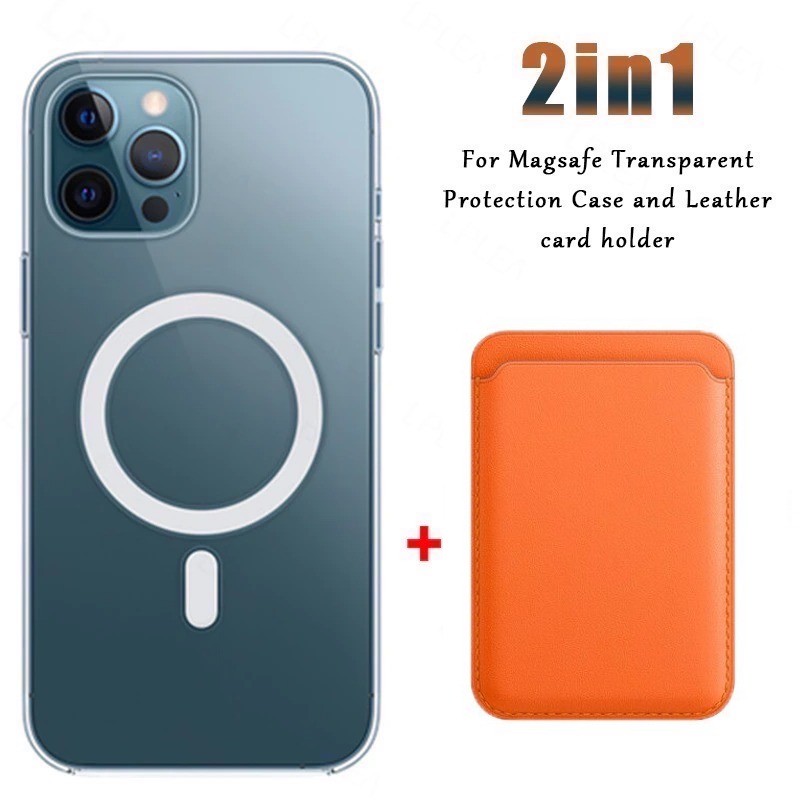 Magsafe wireless charging - transparent magnetic case - magnetic leather card holder - for iPhone - orangeProtection Magsafe wireless charging - transparent magnetic case - magnetic leather card holder - for iPhone - orangeProtection