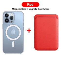 Magsafe wireless charging - transparent magnetic case - magnetic leather card holder - for iPhone - redProtection
