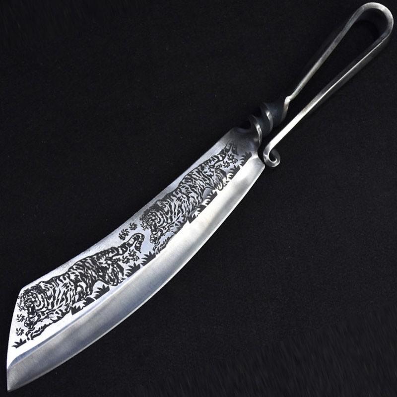 9.3 inch chopping knife - kitchen - hunting - wood cutter - handmade forged steel - tiger designSteel