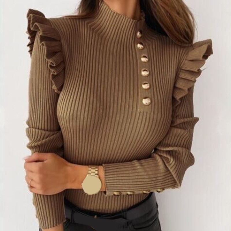 Long sleeve turtleneck - ribbed sweater - buttons / rufflesHoodies & Jumpers