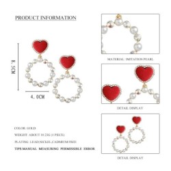 Red heart earrings - round pearl pendantEarrings