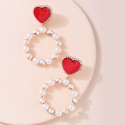 Red heart earrings - round pearl pendantEarrings