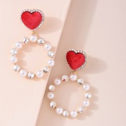 Red heart earrings - round pearl pendantEarrings