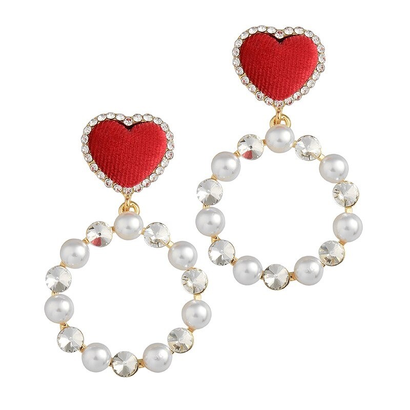 Red heart earrings - round pearl pendantEarrings