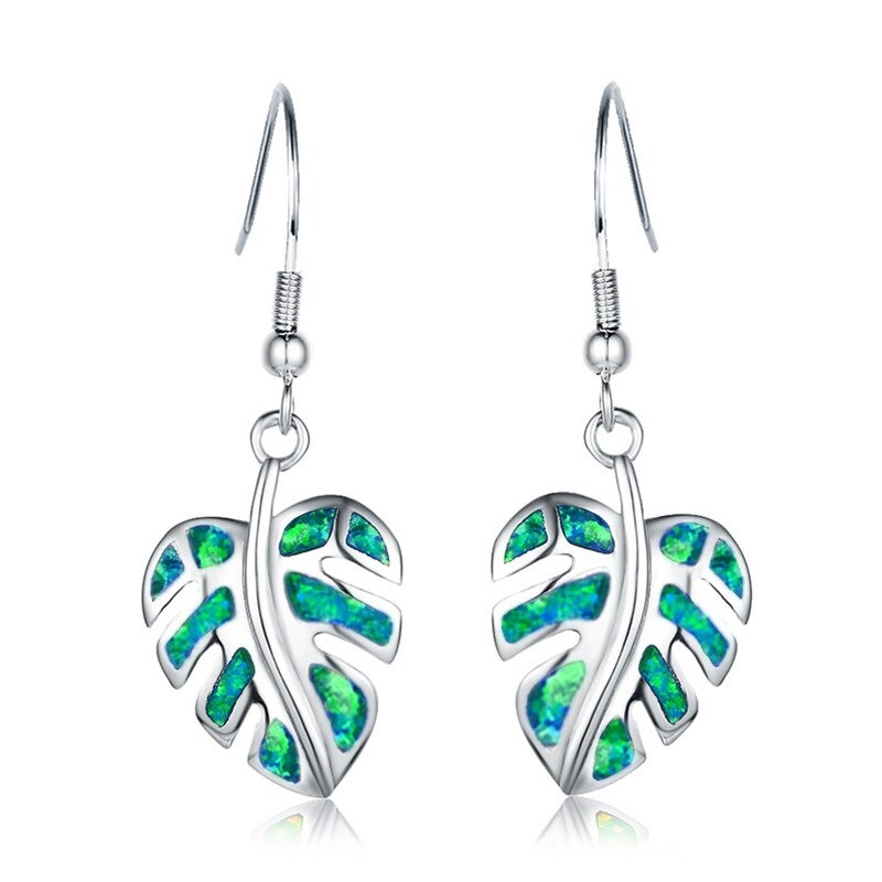 Silver dangle leaves earrings - colorful crystal opalEarrings