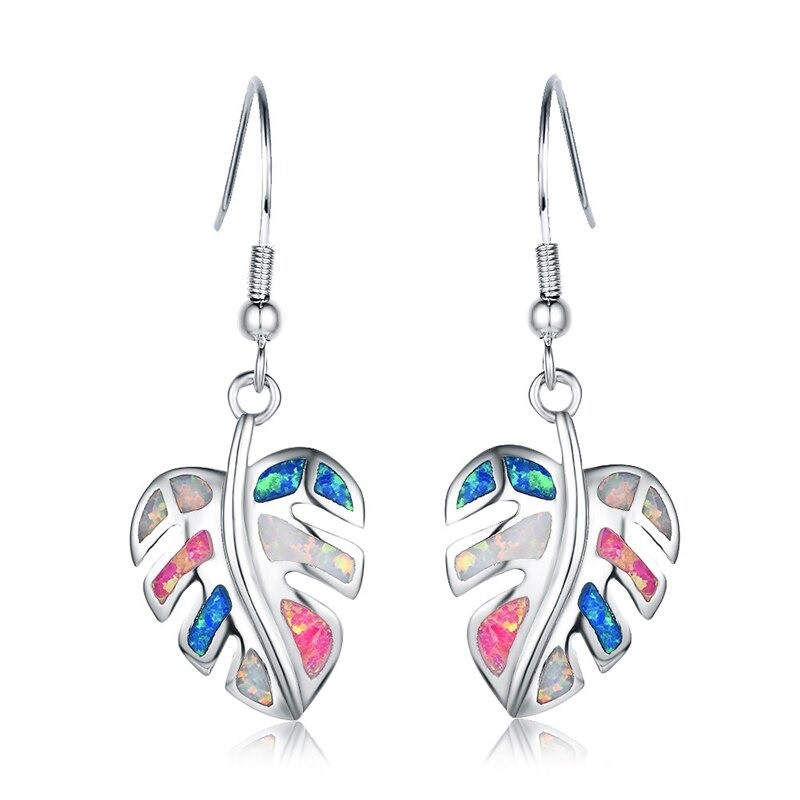 Silver dangle leaves earrings - colorful crystal opalEarrings