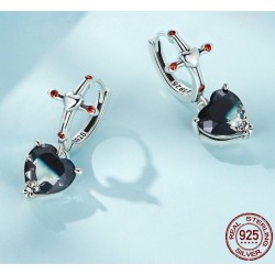 Round silver earrings - cross - black crystal dangle heart - 925 sterling silverEarrings