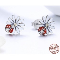 White daisy / crystal ladybug earrings - 925 sterling silverEarrings