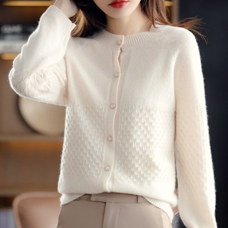 Round neck cardigan - short sweater with buttons - 100% woolHoodies & Jumpers