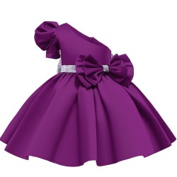 Elegant girls dress - one off-shoulder - zipper - double bowknotClothing