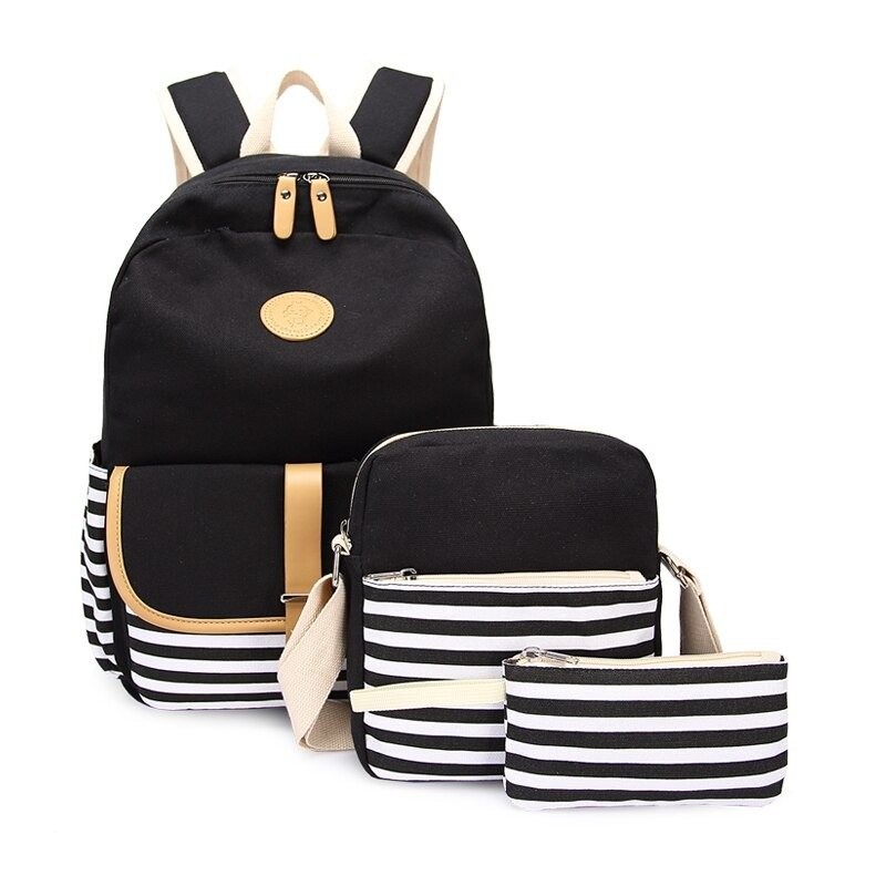 Striped canvas backpack - schoolbag - 3 pieces setBags