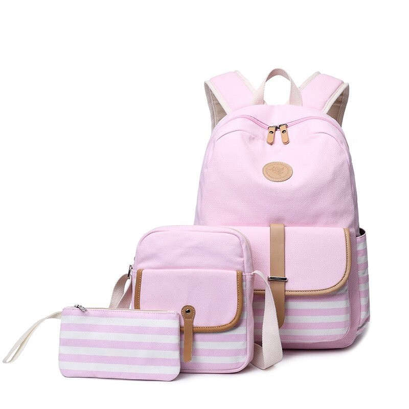 Striped canvas backpack - schoolbag - 3 pieces setBags