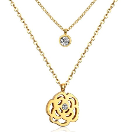Double chain necklace - flower / crystal pendantNecklaces