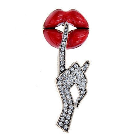 Crystal brooch - red lips / Be Quiet gestureBrooches