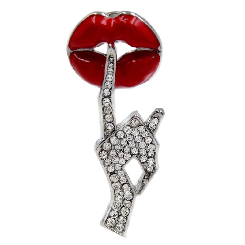Crystal brooch - red lips / Be Quiet gestureBrooches