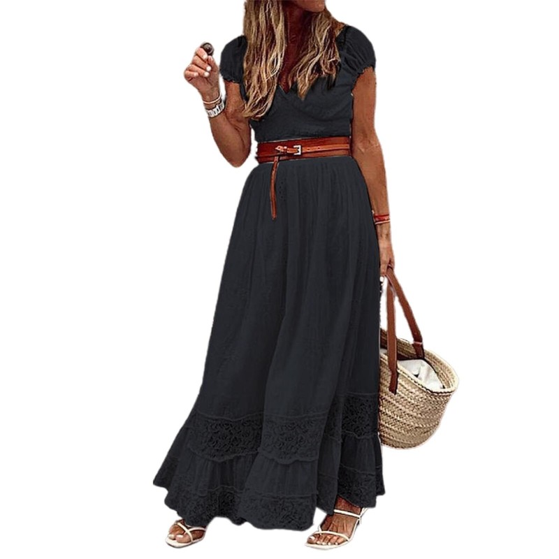Elegant maxi dress - hollow out embroidery lace - short sleeveDresses
