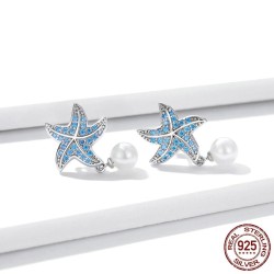 Blue zircon starfish earrings - with pearl - 925 sterling silverEarrings