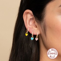 Round silver earrings with crystals / hanging heart - 925 sterling silverEarrings