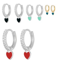 Round silver earrings with crystals / hanging heart - 925 sterling silverEarrings