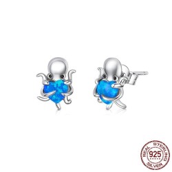 Silver octopus / blue crystal heart - earrings - 925 sterling silverEarrings
