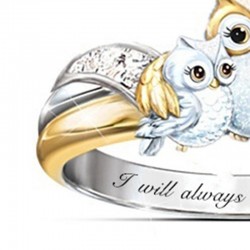 Mother owl with child - crystal ring - "I Will Always Be With You" letteringRings