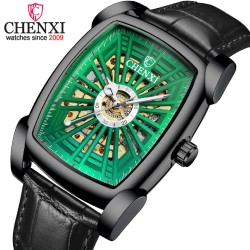 CHENXI - automatic square watch - hollow-carved design - leather strap - black / greenWatches