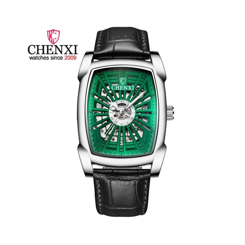 CHENXI - automatic square watch - hollow-carved design - leather strap - silver / greenWatches