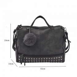Vintage nubuck leather bag with rivets / fur pom pomBags