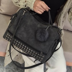 Vintage nubuck leather bag with rivets / fur pom pomBags