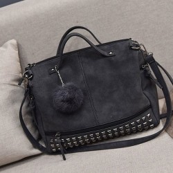 Vintage nubuck leather bag with rivets / fur pom pomBags