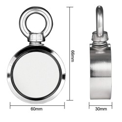 Double sided neodymium magnet - fishing magnet - with eyebolt - 300Kg - D60mmMagnets